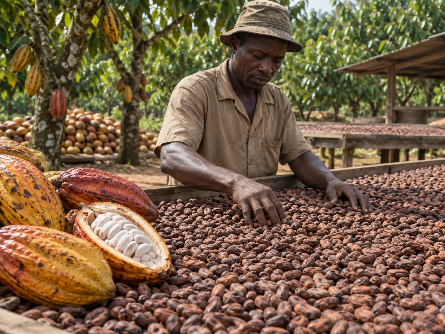 Cocoa and agro-commodities in an industrial warehouse