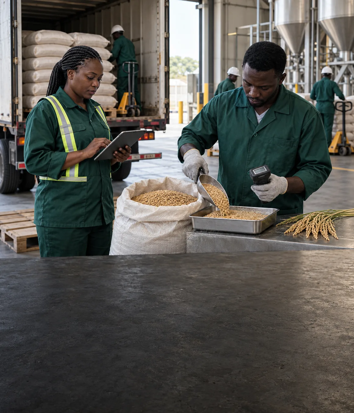 Quality assurance professional inspecting agro-commodities