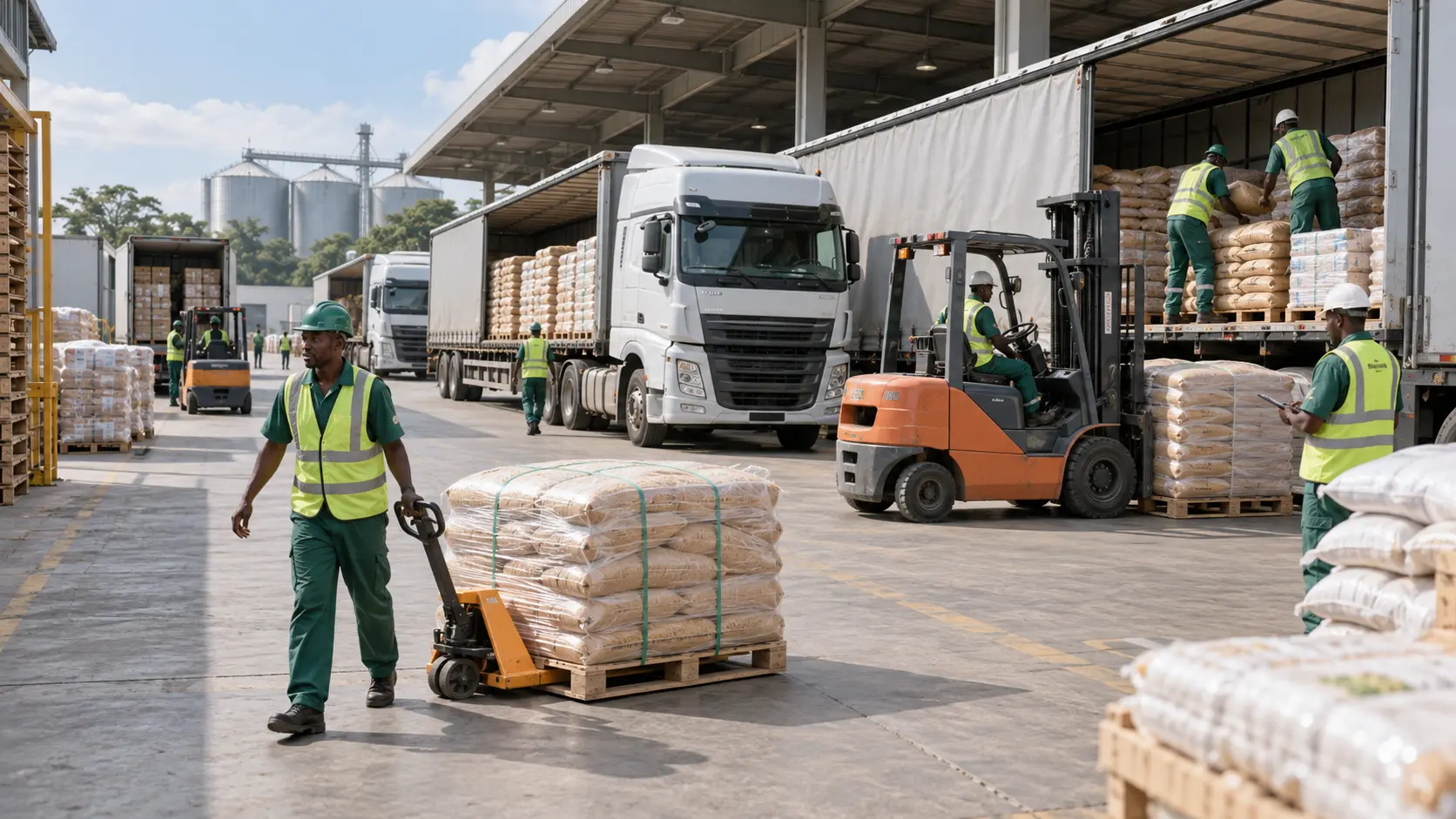 Trucks loading bagged agro-commodities for delivery to manufacturers