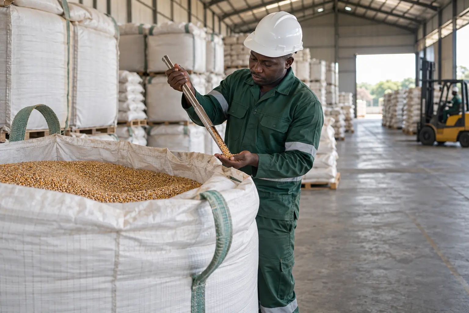 Quality control professional testing maize in an industrial warehouse